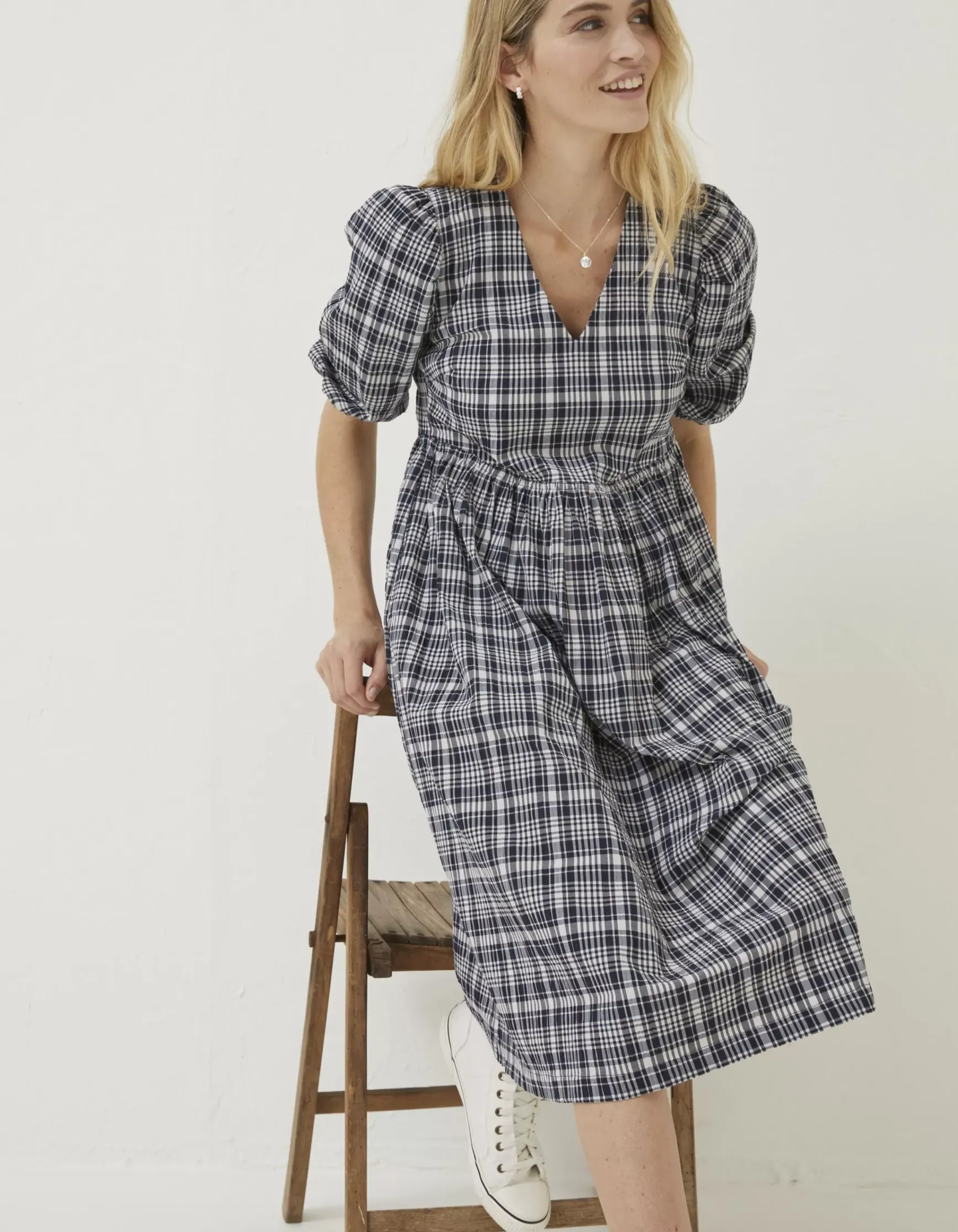 FatFace Hannah Puff Sleeve Check Midi Dress|Women Dresses