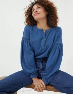 FatFace Keira Indigo Henley Top|Women Tops & T-Shirts