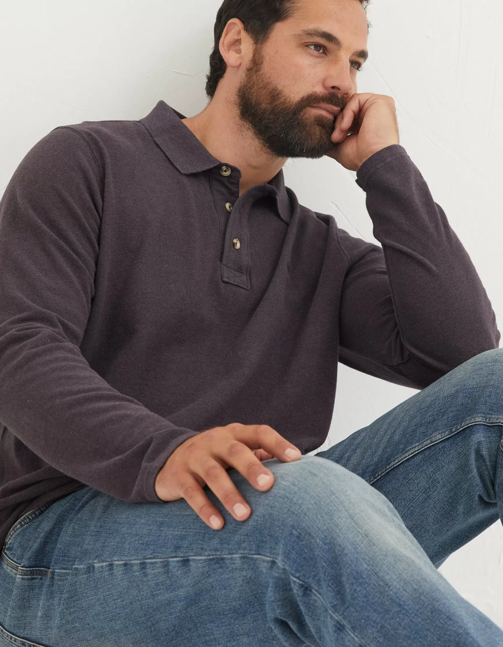 FatFace Long Sleeve Organic Pique Polo|Men Polo Shirts