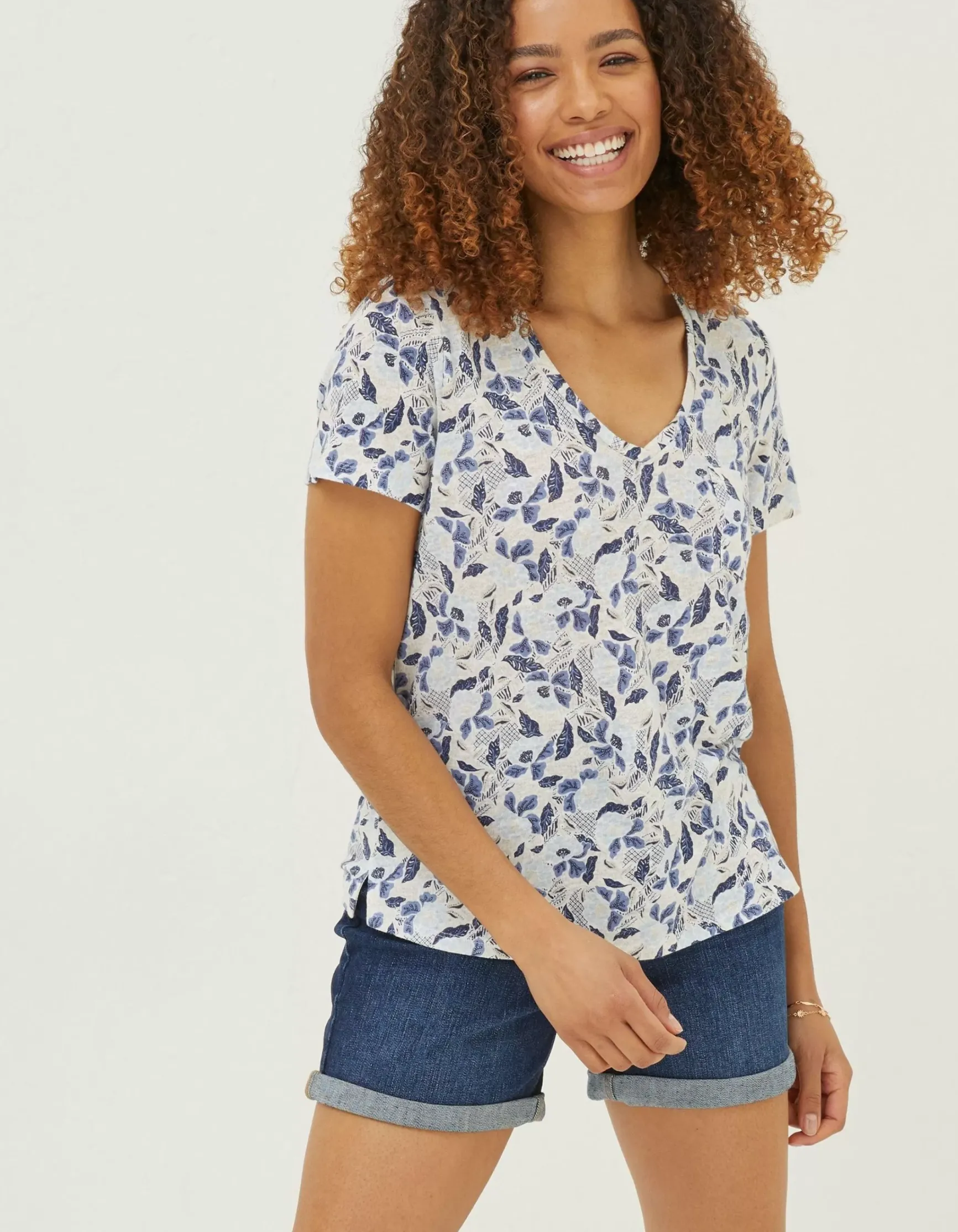 FatFace Maggie Flower Linen T-Shirt|Women Tops & T-Shirts