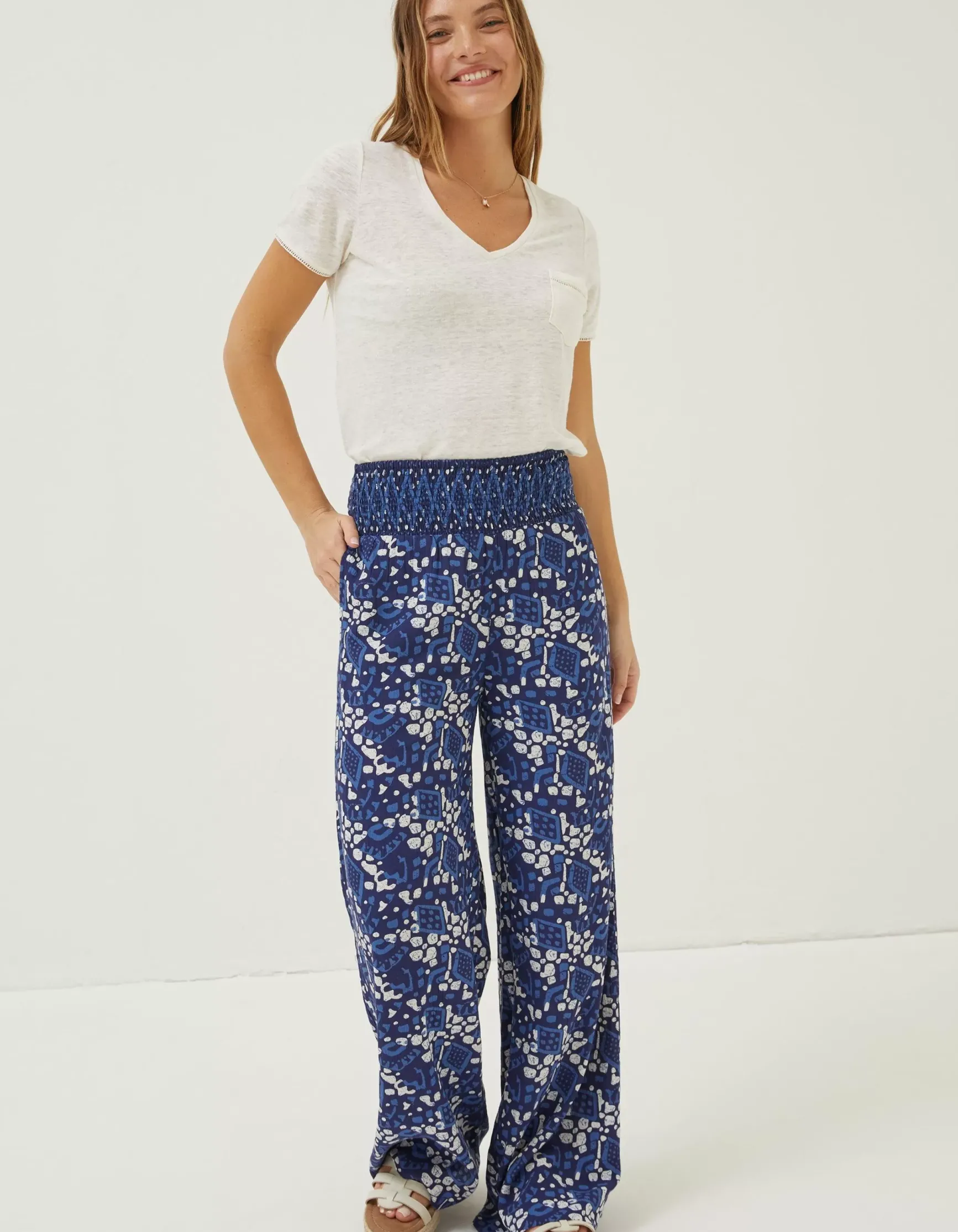 FatFace Shirred Geo Batik Palazzo|Women Trousers & Leggings