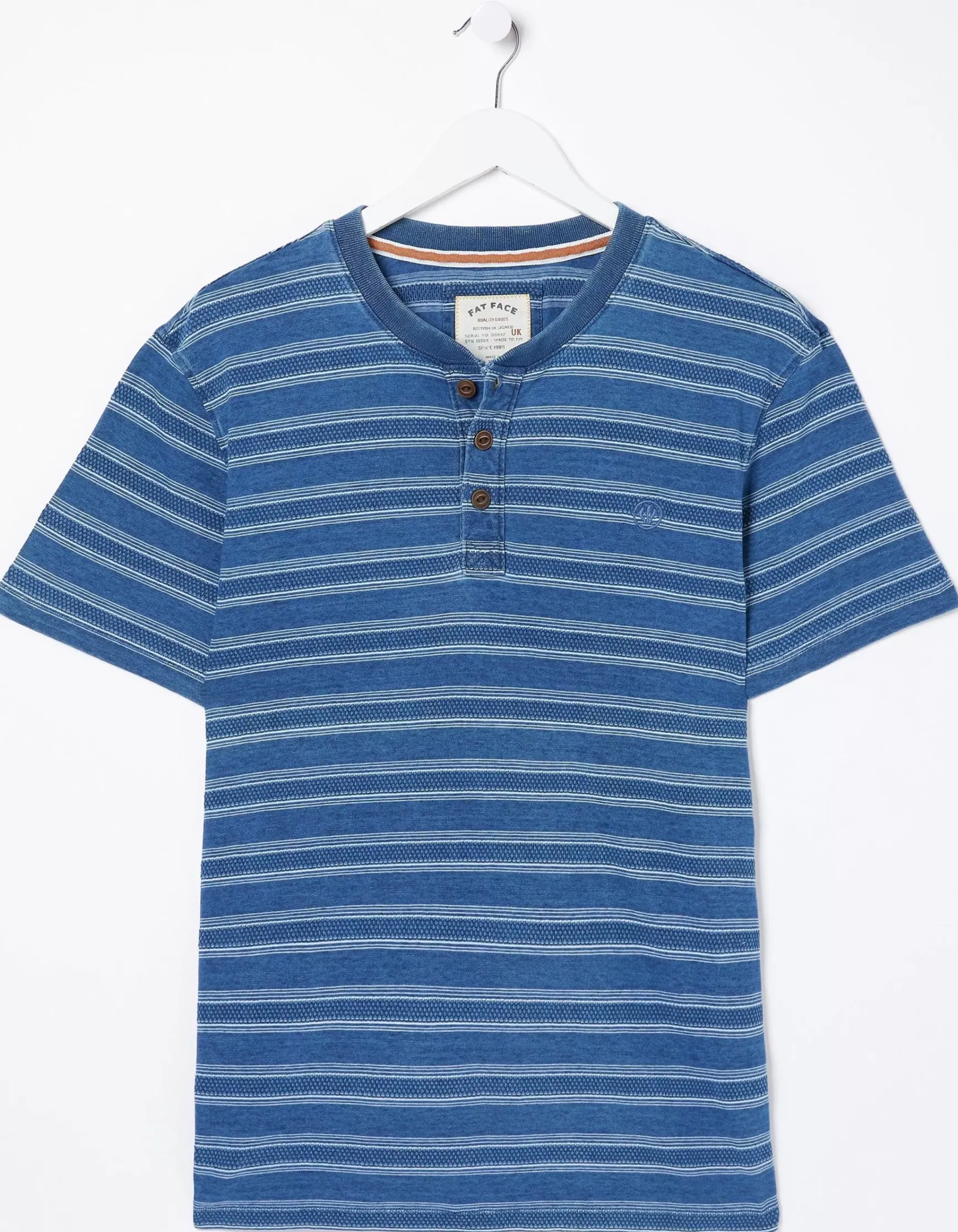 FatFace Short Sleeve Indigo Texture Henley|Men T-Shirts